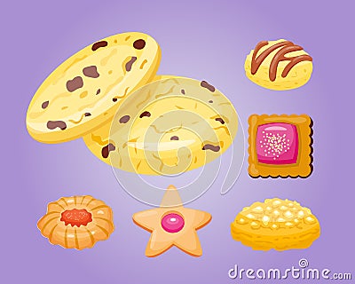 Different cookie homemade breakfast bake cakes and tasty snack biscuit pastry delicious sweet dessert bakery Vector Illustration