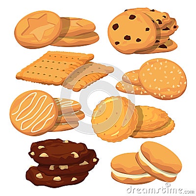 Different cookies in cartoon style. Vector icons set isolate on white Vector Illustration