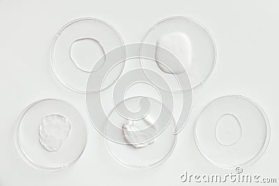 Different Cosmetics Products Samples of Gel in Laboratory Petri Dishes on white background Stock Photo