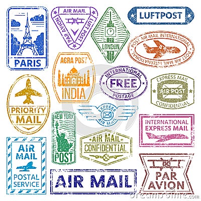 Different countries air plane post stamp delivery mail postmark illustration. Vector Illustration