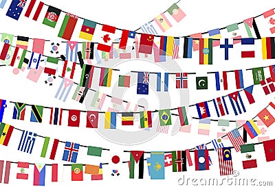 Different countries flags on the ropes Vector Illustration