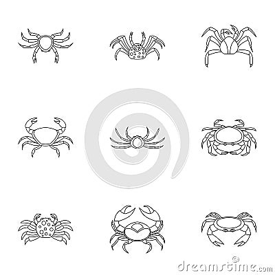 Different crab icons set, outline style Vector Illustration