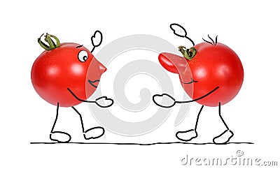 Crooked tomatoes as a cartoon character Stock Photo