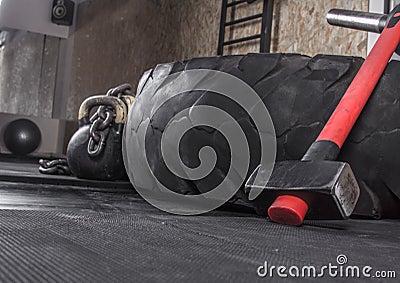 Different crossfit equipment used for crossfit training at fitness club Stock Photo