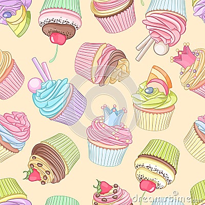 Different cupcakes seamless pattern. Vector illustration. Vector Illustration