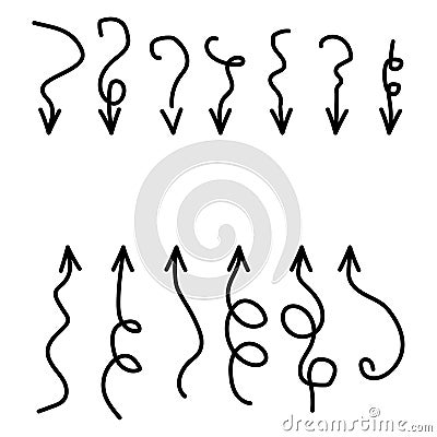 Different curly arrows. Curved arrows drawn with brushes. Vector illustration. Vector Illustration