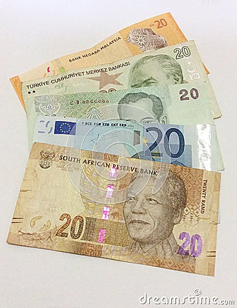Different currencies of 20 denomination Stock Photo