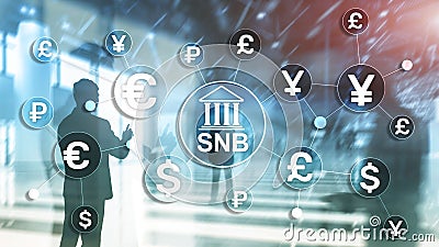 Different currencies on a virtual screen. SNB. Swiss National Bank. Stock Photo