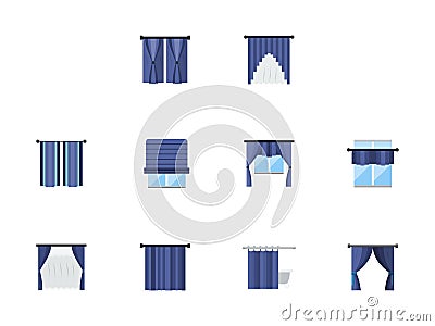 Different curtains colored flat icons set Vector Illustration