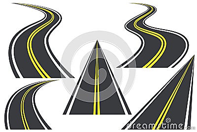 Different curved and straight roads in perspective set. City highways. One asphalt roadway Vector Illustration