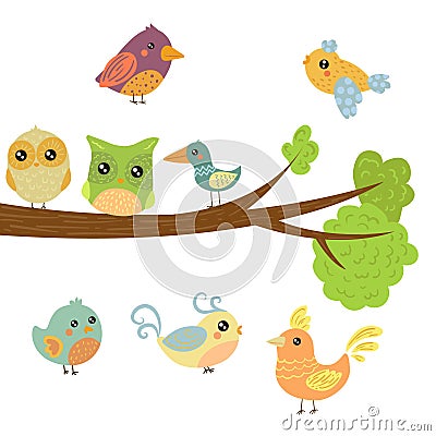 Different Cute Bird Chicks Sitting And Flying Around Tree Branch Vector Illustration