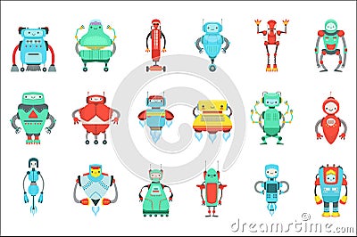 Different Cute Fantastic Robots Characters Set. Bright Color Childish Cartoon Design Androids Vector Illustration