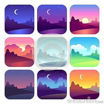 Different day times. Early morning sunrise and sunset, noon and dusk night. Sun time countryside landscape vector icons Vector Illustration