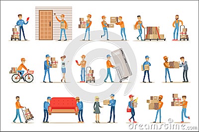 Different Delivery Service Workers And Clients, Smiling Couriers Delivering Packages And Movers Bringing Furniture Set Vector Illustration