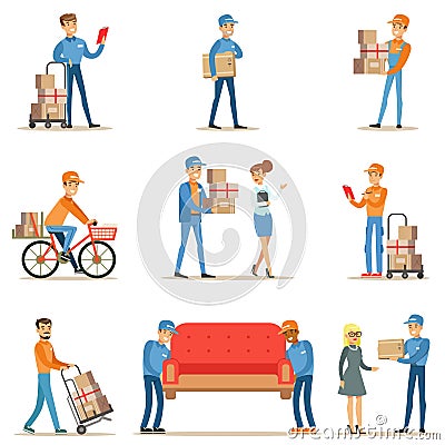 Different Delivery Service Workers And Clients, Smiling Couriers Delivering Packages And Movers Bringing Furniture Set Vector Illustration