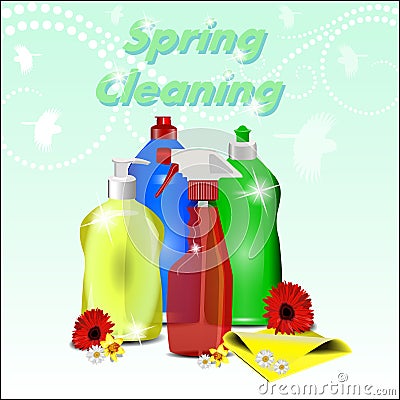 Different detergents with flowers on pastel background Vector Illustration