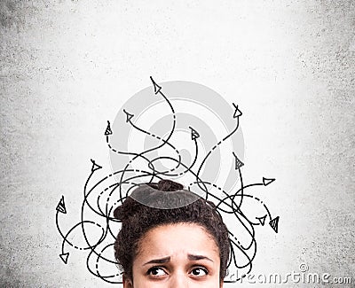 Different direction concept confused woman Stock Photo