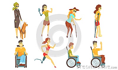 Different Disabled Handicapped People Set, Blind, Injured and Handicapped Persons Vector Illustration Vector Illustration