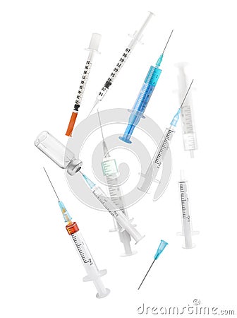 Different disposable syringes falling on white background. Medical equipment Stock Photo