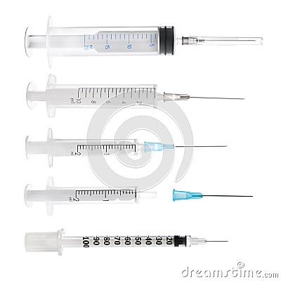 Different disposable syringes on white background, collage. Medical equipment Stock Photo