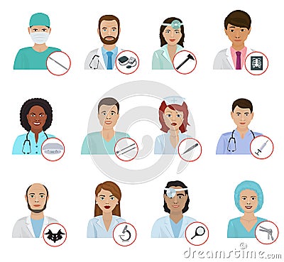 Different doctors avatar face portraits hospital staff characters flat medicine professional physician people vector Vector Illustration