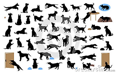 Different dogs silhouettes set, pets walk, sit, play, eat, steal food, bark, protect run and jump, isolated vector illustration Vector Illustration