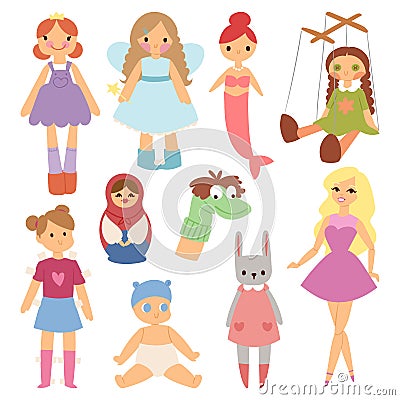 Different dolls fashion young clothes character game dress clothing childhood vector illustration Vector Illustration