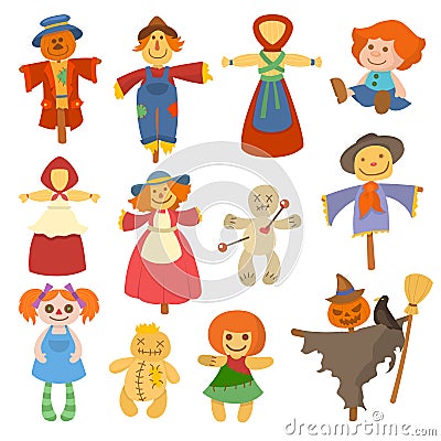 Different dolls toy character game dress and farm scarecrow rag-doll vector illustration Vector Illustration