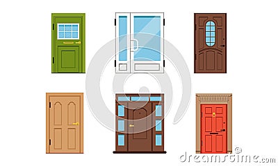 Different Door as Building Entrance Exterior Vector Set Vector Illustration