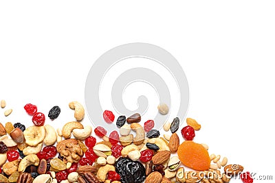 Different dried fruits and nuts on white background, top view. Stock Photo