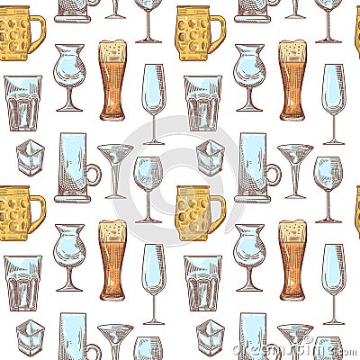 Different Drink Beverage Glasses Seamless Pattern. Stemware Hand Drawn Background Vector Illustration