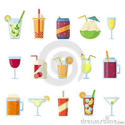 Different drinks in bottles and glasses. Vector set isolate on white Vector Illustration