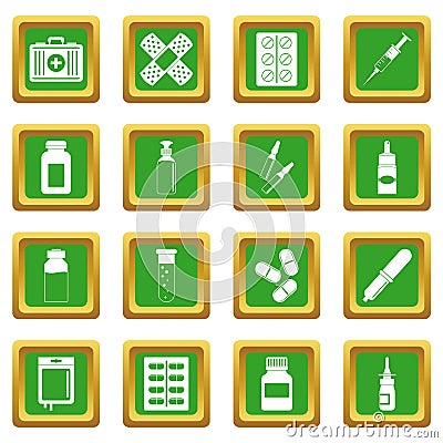 Different drugs icons set green Vector Illustration