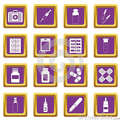 Different drugs icons set purple Vector Illustration