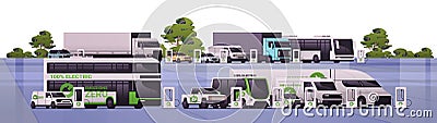 different electric transport charging battery vehicles at recharging power station charger EV management Vector Illustration