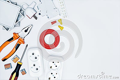 Different electrical equipments nd tools on white background Stock Photo