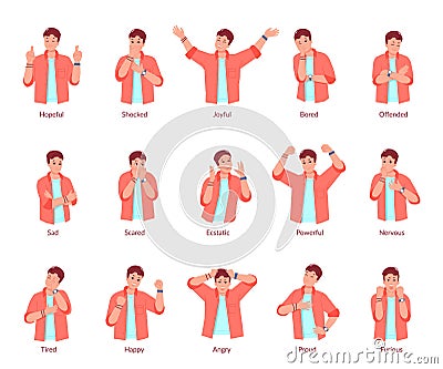 Different emotion gestures. People emotions on body expression, upset portrait person setabout exasperate or happy Vector Illustration