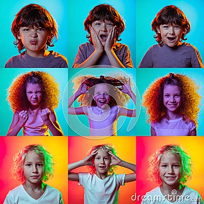 Set of portraits of little cute emotional kids, boys and girls isolated on multicolored studio background in neon light Stock Photo