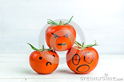 different emotions on tomatoes. fear. Anger. Sadness Cartoon Illustration