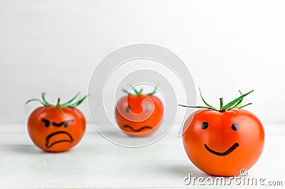 different emotions on tomatoes. Joy. Anger. Sadness Cartoon Illustration