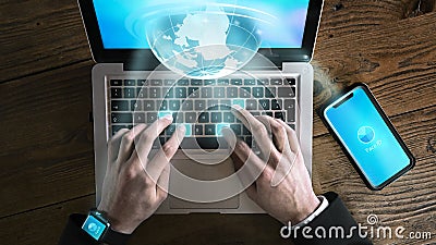 Different end devices communicate with each other via WLAN or mobile data Stock Photo