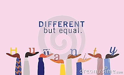 Different but equal and humanity word on diversity hands up vector design Vector Illustration