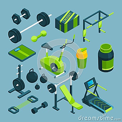 Different equipment for bodybuilding and powerlifting. Fitness accessories Vector Illustration