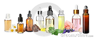 Set of different essential oils used in aromatherapy on white background, banner design Stock Photo
