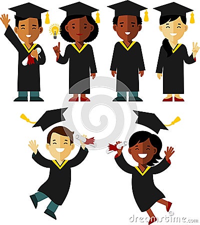 Different ethnic graduates character set in flat style Vector Illustration