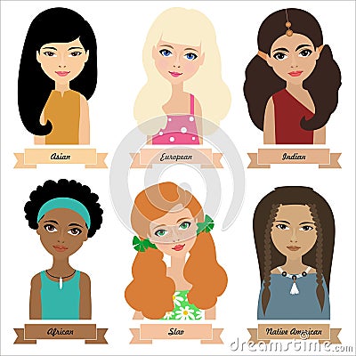 Different ethnic group children, girls. Colorful vector illustration Vector Illustration