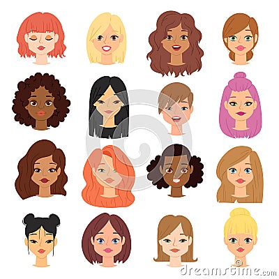 Different ethnic nationality affiliation woman head face vector icons. Vector Illustration