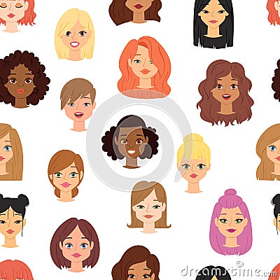 Different ethnic nationality affiliation woman head face vector icons seamless pattern Vector Illustration