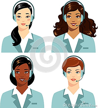 Different ethnic women operator of call center online customer support Vector Illustration