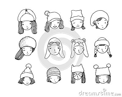 Different faces. People in winter hats. Hand drawing isolated objects on white background. Vector Illustration